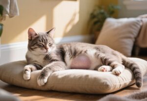 Gata esterilizada descansando tranquila en casa después de la cirugía
