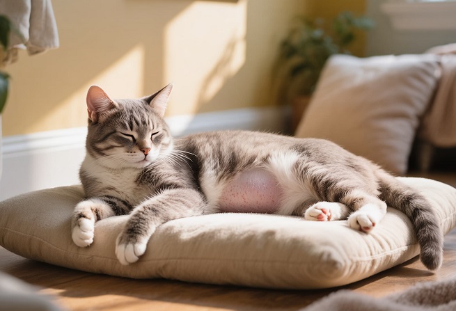 Gata esterilizada descansando tranquila en casa después de la cirugía