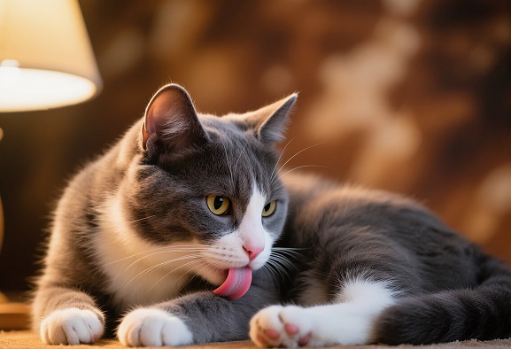 Gato doméstico acicalándose con la lengua, mostrando su pelaje brillante y gesto relajado