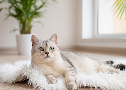 Gato doméstico descansando sano y relajado en casa tras ser desparasitado