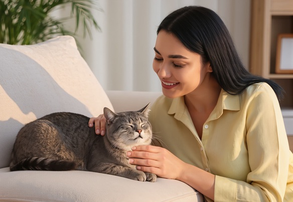 Mujer acariciando a su gato mientras ronronea en casa, ambos relajados en un sofá