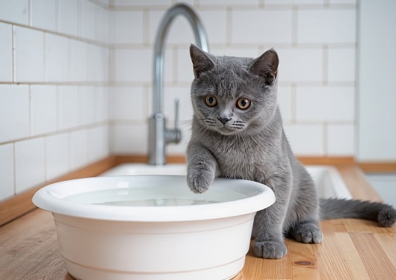 Gato curioso jugando con agua en un cuenco