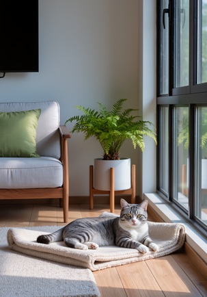Gato doméstico descansando en una casa luminosa, junto a una ventana, en un entorno seguro y tranquilo.