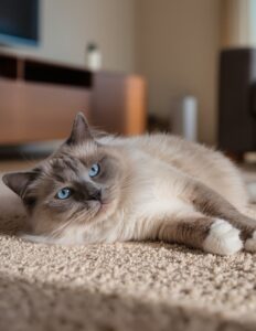 Gatito Ragdoll enfermo recostado en casa, con expresión triste y débil, representando los síntomas de la panleucopenia felina