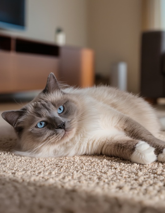Gatito Ragdoll enfermo recostado en casa, con expresión triste y débil, representando los síntomas de la panleucopenia felina