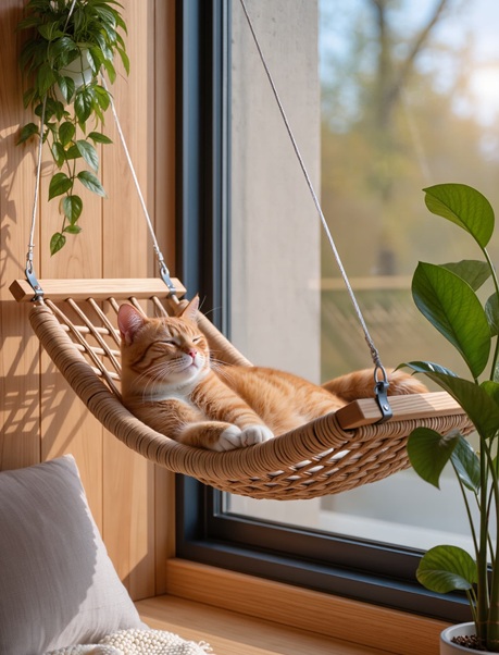 Gato descansando al sol en una hamaca de ventana dentro de un hogar tranquilo