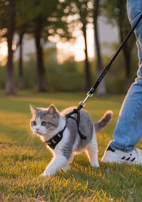 Gato con arnés paseando al aire libre por un parque tranquilo al atardecer