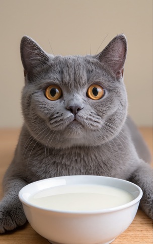 Gato British Shorthair gris observando un cuenco de leche con expresión curiosa