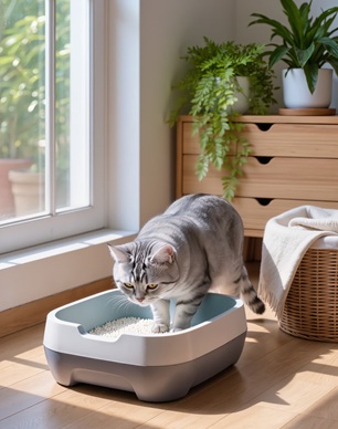 Gato gris usando un arenero limpio junto a una ventana con luz natural