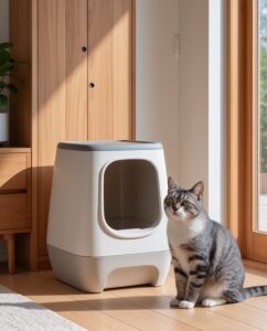 Arenero cerrado para gatos en casa moderna con gato junto a la caja de arena