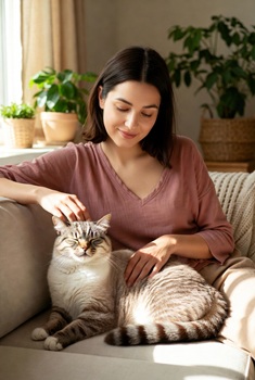 Mujer acariciando a su gato en un salón limpio y luminoso