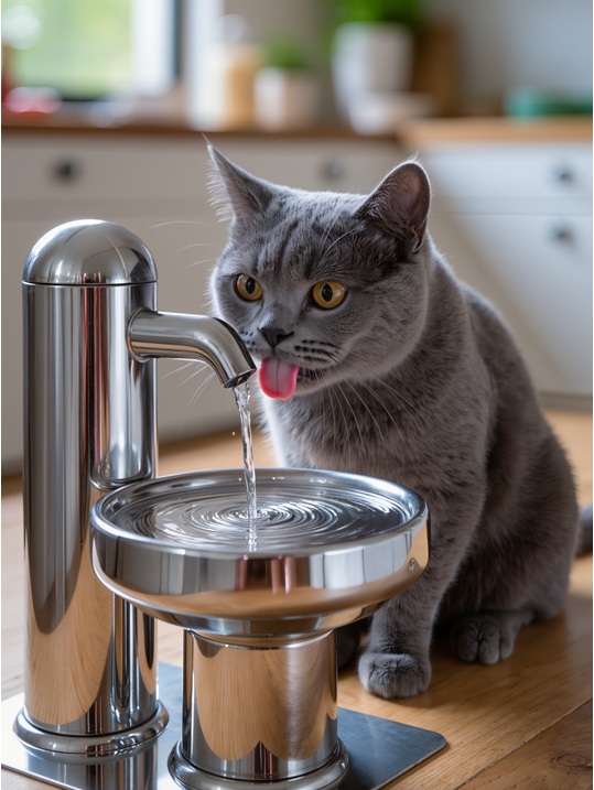Gato bebiendo de una fuente de agua de acero inoxidable en verano