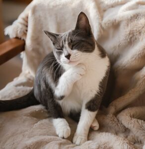 Gato rascándose por posible alergia en la piel en casa