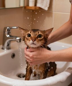 gato siendo bañado en casa con champu para gatos en lavabo