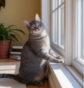 Gato en casa cerca de una ventana abierta en verano preparado para viajar