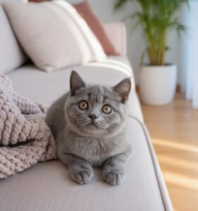Gato bebé gris descansando en un sofá dentro de un hogar tranquilo y seguro durante sus primeros meses de adaptación