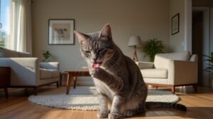 Gato doméstico acicalándose para prevenir la acumulación de bolas de pelo en el estómago