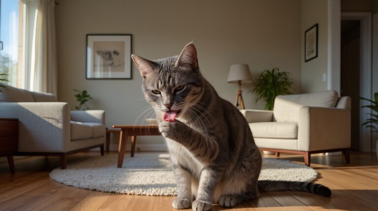 Gato doméstico acicalándose para prevenir la acumulación de bolas de pelo en el estómago