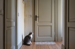 Gato sentado delante de la puerta del baño esperando a su humana en casa