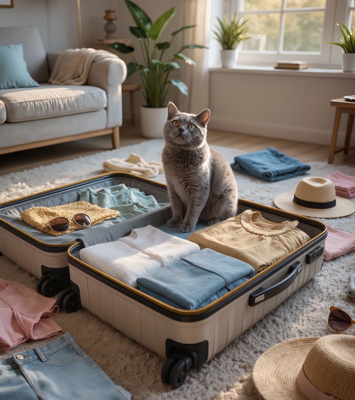 Gato sentado sobre una maleta abierta mientras se preparan las vacaciones en casa