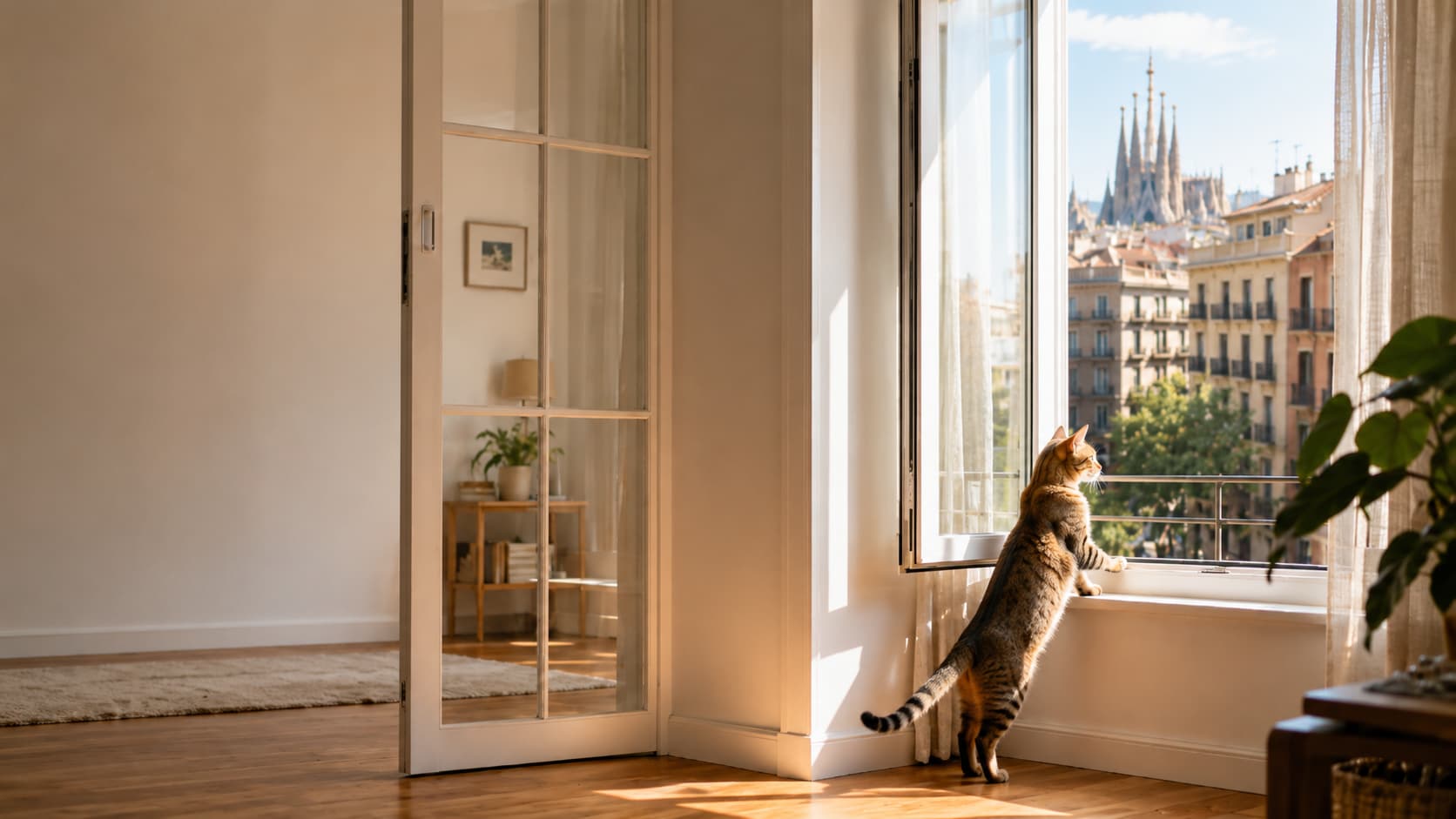 Gato mirando por ventana cerrada con expresión de anhelo, protección para gatos Segurvi Barcelona