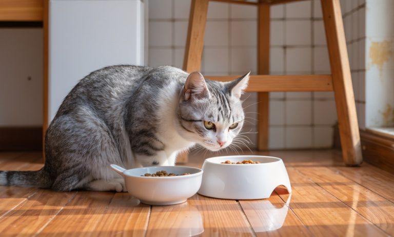 Gato oliendo su comida sin comer delante del comedero